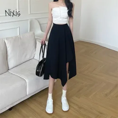 Zwarte Onregelmatige Rok Vrouwen Lente Zomer Elastische Taille Dunne Mid-Lengte Paraplu Rokken Plus Size Bodems Vintage Y2k Kleding