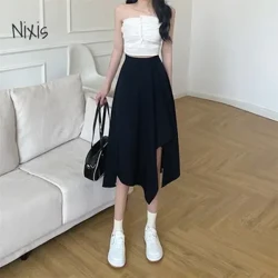 Itim na Irregular na Skirt Babae Spring Summer Elastic Waist Manipis Mid-length Umbrella Skirts Plus Size Bottoms Vintage Y2k na Damit