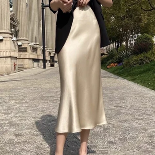Svilena satenasta krila za ženske, pisarniško krilo v korejskem slogu v barvi šampanjca, a-kroj z visokim pasom, modno, elegantno enobarvno dolgo svinčnik krilo 2024