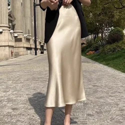 Svilena satenasta krila za ženske, pisarniško krilo v korejskem slogu v barvi šampanjca, a-kroj z visokim pasom, modno, elegantno enobarvno dolgo svinčnik krilo 2024