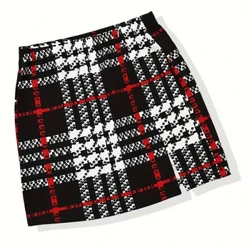 2024 Gonna da donna alla moda gonna scozzese con filigrana mezza gonna abbinata di colore rosso bianco e nero