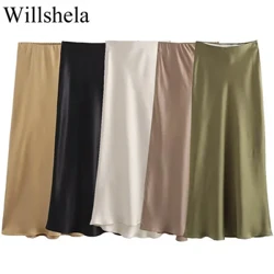 Willshela Ženska modna satenasta, enobarvna, nagubana midi krila Vintage, ženska elegantna ženska krila s srednjim elastičnim pasom