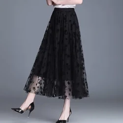 Falda de malla coreana para mujer, falda holgada por debajo de la rodilla con flores y gancho a la moda, faldas informales elegantes para mujer, faldas que combinan con todo, novedad de verano