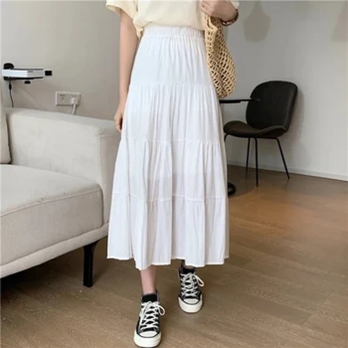 Xuân Hè Nữ Váy Voan Vintage Cao Cấp Co Giãn Miếng Dán Cường Lực Trắng Đen Sang Trọng Dài Bánh Váy Chữ A dành cho Học Sinh Sinh Viên