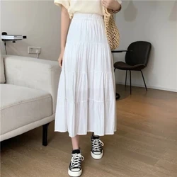 Spring Summer Women Chiffon Skirts Vintage High Waist Elastic Patchwork White Black Chic Long Cake A-line Skirt para sa Mag-aaral