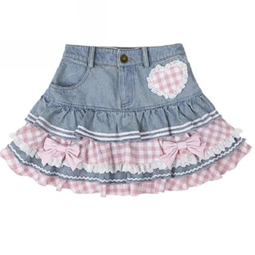 Phong Cách Preppy Váy Kawaii Nhật Bản Sweet Mini Nữ Bông Tai Kẹp Dễ Thương Bầu Denim Vận Động Viên Trượt Băng Y2K Cao Cấp Phối Ren Bánh Váy
