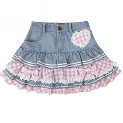 Phong Cách Preppy Váy Kawaii Nhật Bản Sweet Mini Nữ Bông Tai Kẹp Dễ Thương Bầu Denim Vận Động Viên Trượt Băng Y2K Cao Cấp Phối Ren Bánh Váy