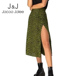 Jocoo Jolee Elegant Leopard kukkakuvioinen pitkä hame Naisten seksikäs korkeavyötäröinen jaettu midihame Office Lady Bodycon A Line -hameet
