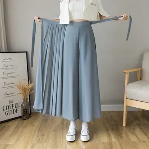Ljeto novi stil korejske ženske suknje s velikim rubom pantalone nabrane šifonske pantalone visokog struka Hakama ležerne pantalone širokih nogu