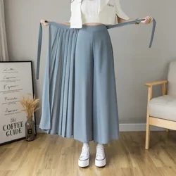 Arddull Newydd Haf Merched Corea Trowsus Sgert Hem Mawr Trowsus Chiffon Plethedig Pants Gwasg Uchel Hakama Pantalones Coes Eang Achlysurol