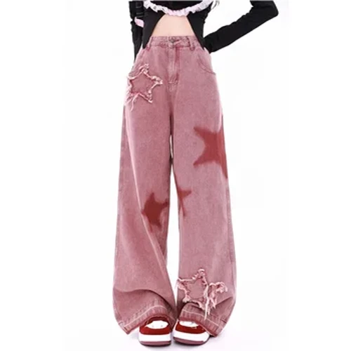 Frae Pink Jeans Bréiwer gedréckt High-waisted American Street Wide Leg Hosen Hip-Hop Moud Retro Riichter Y2K Wanter Hosen