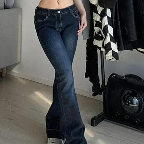 Kalevest Y2K High Street Low Rise Jeans Mavi Kadın Pantolon Bootcut Cepler Jeans Streetweed Düşük Bel Kot Geniş Bacak Pantolon