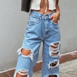 Wahine 2024 Puna a me ka Autumn New Fashion High Waist i haehae ʻia i ka laulā wāwae Jeans Wahine Kaila ʻili