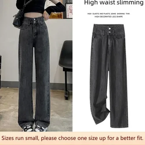 Niche Gwasg Uchel Botwm Dwbl Slimming Jeans Merched Siarcol Llwyd Loose-ffit Amlbwrpas Trowsus Denim Hyd Petite