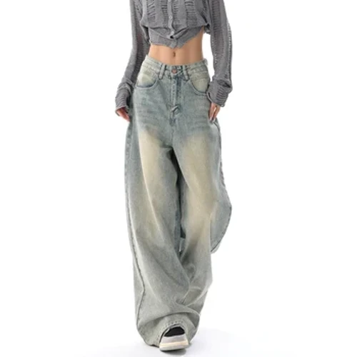 Jîns Baggy Hyd Llawn Menywod Jeans Waist Uchel Coes Eang Denim Pants Trowsus Rhydd Ysgafn Glas Dillad Stryd Achlysurol Corea Y2K