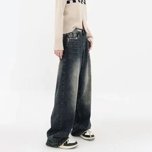 Harajuku Streetwear Retro Moda Bahorgi Kuz Ayollar Yuqori Bel jinsi Bo'shashgan Keng Oyoqli To'g'ridan-to'g'ri Denim Shimlari Y2K Bolgy Shimlar
