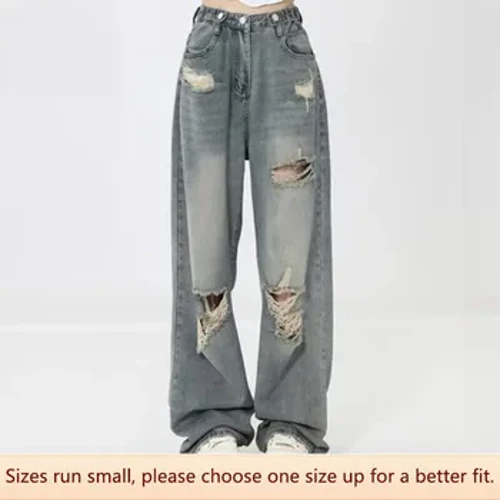 Jean Vintage à jambes larges et trouées pour femme, pantalon traînant, coupe ample, amincissant, à jambes droites, nouvelle collection printemps automne 2024