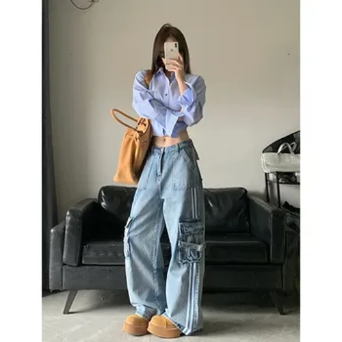 Nữ Xanh Dương Hàng Quần Jean Baggy Vintage Cao Cấp Da Bò Quần Bông Tai Kẹp Denim Quần 90 Y2k Nhật Bản 2000 phong Cách Quần Áo 2024