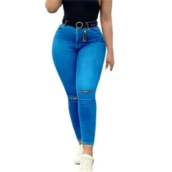 Žene koljena slomljene rupe Pencil traperice visokog struka Slim Fit rastezljive traper hlače ženske udobne uredske ležerne pantalone