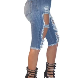 Mná Samhraidh Ard-Wail Sracadh Glún Gearr Glúine Jeans Mná Hollow Amuigh Éadaí sráide Jeans Lady Club Oíche Stripper Denim Pants