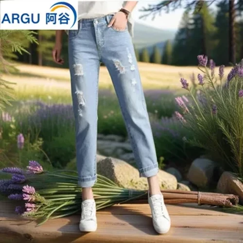 Schöne Damenhose, Sommerhose, Studentenhose, lässig, locker geschnitten, Lochgrate, neuer Stil, Damenjeans