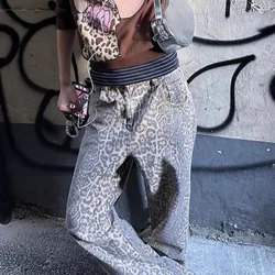 Print Llewpard Wedi Golchi Trowsus Denim Retro Americanaidd Merched Trallodus Y2k Jeans Waist Uchel Stryd Fawr Bahggy Leg Leg Jean