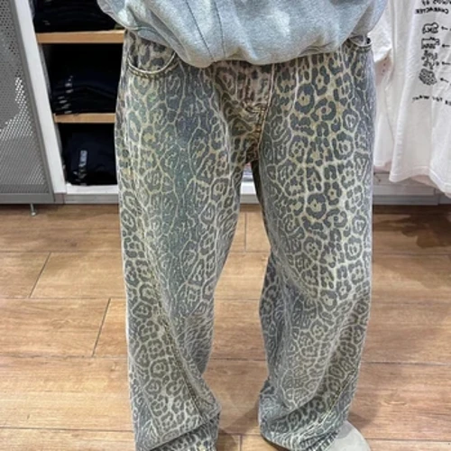 I-American Retro High Waisted Leopard Print Denim Trousers Women Streetwear Y2k Jeans High Street American Bahggy Wide Leg Jeans