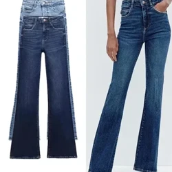 ZABA Damen High Waist Slimming Micro Flare Jeans Mode Wide Leg Hose Street Pocket Hose Washed Effect Stretch Jeans