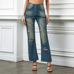 Jeans Waist Uchel Merched Wedi'u Golchi Pants Twll Syth Retro Solid Trowsus Denim Merched Yn Gwneud Hen Dillad Stryd Achlysurol Ropa De Mujer