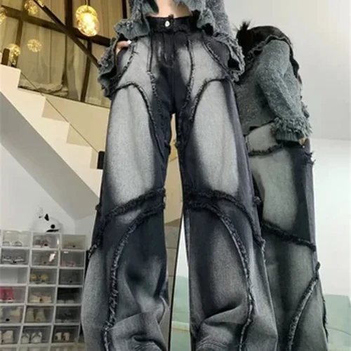 Y2k Quần Jean Nữ Dạo Phố Thời Trang Quần Baggy Jeans Mỹ Retro Cao Cấp Giặt Làm Cũ Tua Rua Ống Rộng Quần Denim