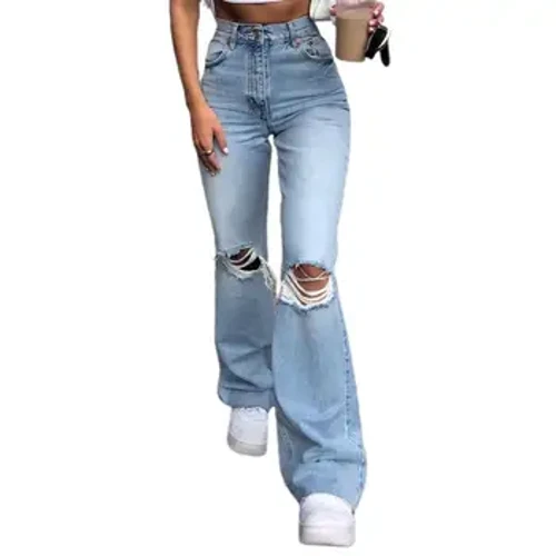 Høy midje Blå Rippet Boot Cut Jeans For Kvinner Mote Stretch Kne Ripped Denim Flared Bukser Uformelle kvinnebukser Svart 2024