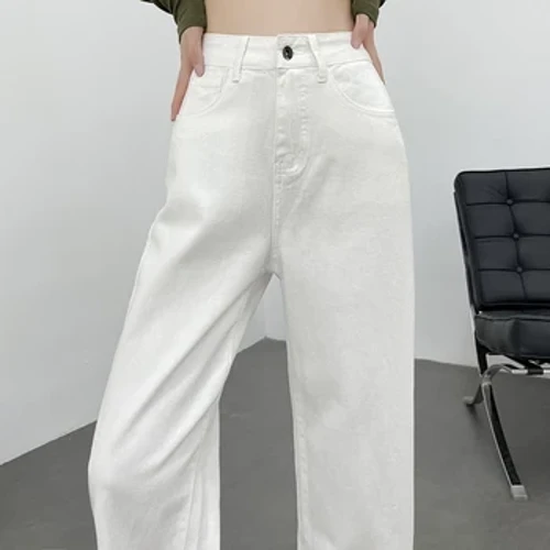 Phụ Nữ Hàn Quốc Denim Jeans Thiết Kế Giặt Rời Cao Cấp Thẳng Hồng Trắng Xanh Dạo Phố Mới Quần Nữ