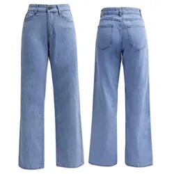Jeans caol Fit Mná Geansaí na mBan le Cosa Leathan Ard waist le pócaí Retro Dhíreach Caol Fit Pants Denim Fad Iomlán i do A