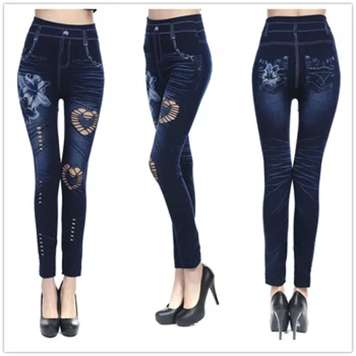 Ženske seksi, sproščene, izdolbene denim pajkice Pencil fitnes, elastične pajkice, ženske seksi hlače s cvetličnim potiskom na luknje