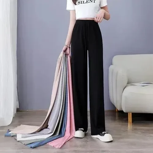 Pulu Wahine Puanu Puuwai Ice Silk Wide Leg Pants 2023 Puhaka ki'eki'e Loose Po'o Po'o Pant Wahine Palu 'Ele'ele Ma waho