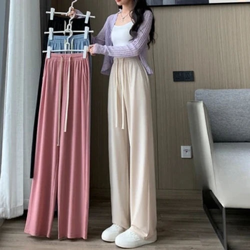 Muz ipak keng oyoqli ayollar yozgi yupqa shimlar 2024 yangi kundalik ayollar shimlari bo'sh tekis shimlar quyoshdan himoya qiluvchi chivinlarga qarshi shimlar