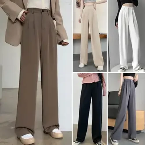 Celana Setelan Pinggang Tinggi Elastis Pinggang Tinggi Celana Setelan Wanita Warna Solid Celana Kaki Lurus dengan Kantong Miring untuk Kantor