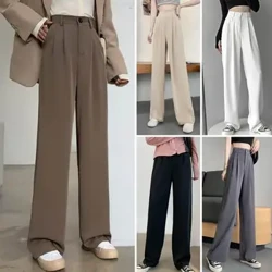 Celana Setelan Pinggang Tinggi Elastis Pinggang Tinggi Celana Setelan Wanita Warna Solid Celana Kaki Lurus dengan Kantong Miring untuk Kantor