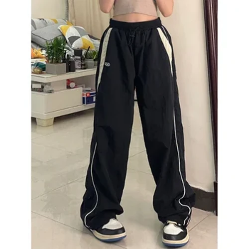 Merched Gwanwyn Retro Solid Llinyn Draws Loose Trowsus Locwyr Achlysurol Baggy Coes Eang Sweatpants Canol Waist Sporty Y2k Dillad Merched