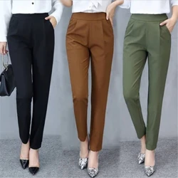 Calças elásticas combinadas para mulheres, calças clássicas de harém, calças casuais de negócios com bolsos, calças finas de cintura alta h7ef