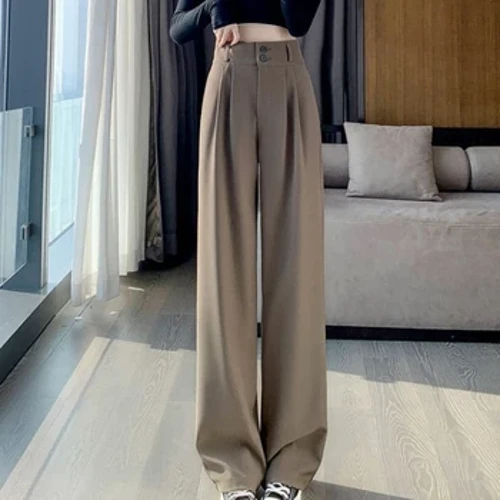 Kadın Geniş Bacak Pantolon Kadın Kore Tarzı Yüksek Bel Siyah Pantolon Ofis Bayanlar Moda Gevşek Gri Takım Elbise Pantolon Streetwe...