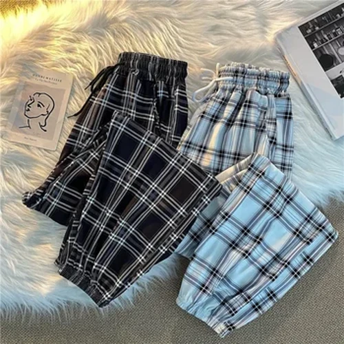 Nadrág Női Új csomó láb Divat Bő fekete Kockás Nyári Harajuku Diákok Utcai ruházat Hárem Hosszú nadrág Női Elegáns
