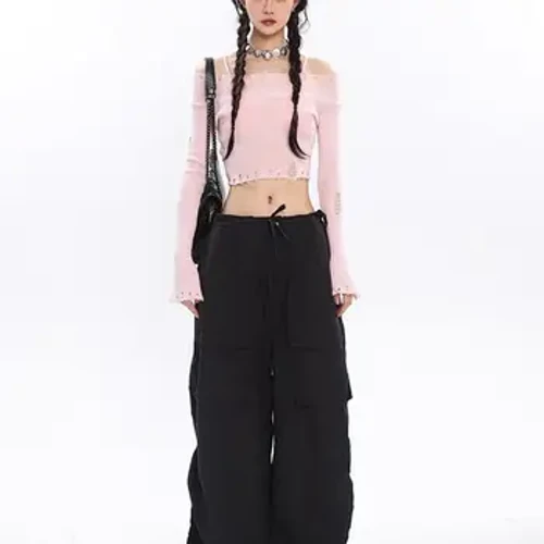 Spring Women New Retro Spice Girls Drawstring Sports Pocket American Tooling Loose High kiuno Couple Couple Suruali