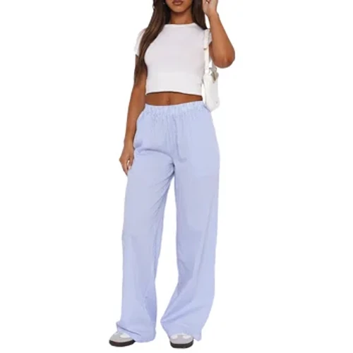 Pants y2k i Ferched Llinyn Draws Stripiog Gwasg Elastig Pants Hir Syth Rhydd gyda Phocedi Trowsus esthetig Dillad stryd