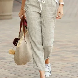 Pantalon Simple et élégant pour femmes, Design avec cordon de serrage, couleur unie, court, ample, décontracté, taille élastique, pour le bureau