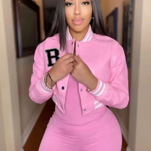 Women Letter B Single Breasted PU Faux Leather Short Coat Babaeng Buong Manggas na Jackets Pambabaeng O-Neck Button Down Slim Fit Streetwear