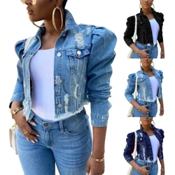 Siaced Denim Merched Y2k Wedi'i Rhwygo Botwm Llawes Hir Pwff Achlysurol i Lawr Cotiau Jean wedi'u Tocio ar gyfer Fall