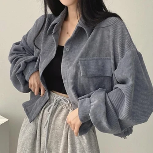 Camicia a maniche lunghe in velluto a coste allentato autunno casual da donna Colletto rovesciato Cappotti retrò Camicie in tinta unita