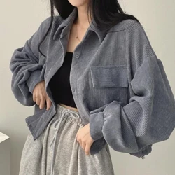Camicia a maniche lunghe in velluto a coste allentato autunno casual da donna Colletto rovesciato Cappotti retrò Camicie in tinta unita