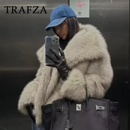 TRAFZA 2024 Merched yr Hydref Gaeaf Siacedi Ffwr Ffwr Achlysurol Ffasiwn Dillad stryd Solid Troi i Lawr Coler Cain Cotiau Trwchus